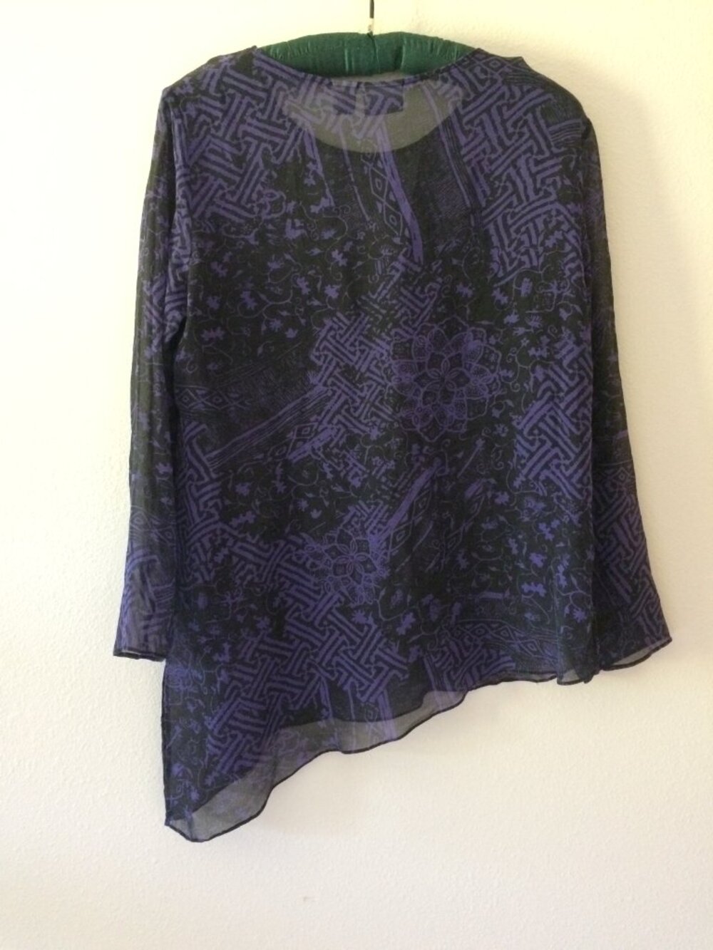 Chico’s Black and Purple Long Sleeve Sheer Silk Asymmetrical Top - Picture 2 of 16